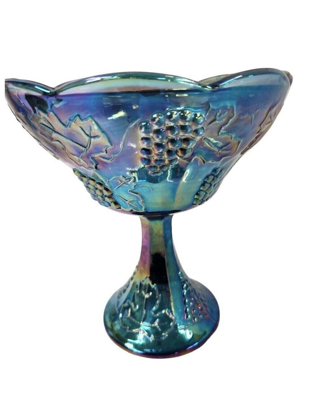 Indiana Carnival Glass Compote Bowl Blue Grape Leaf Vintage - Picture 3 of 6